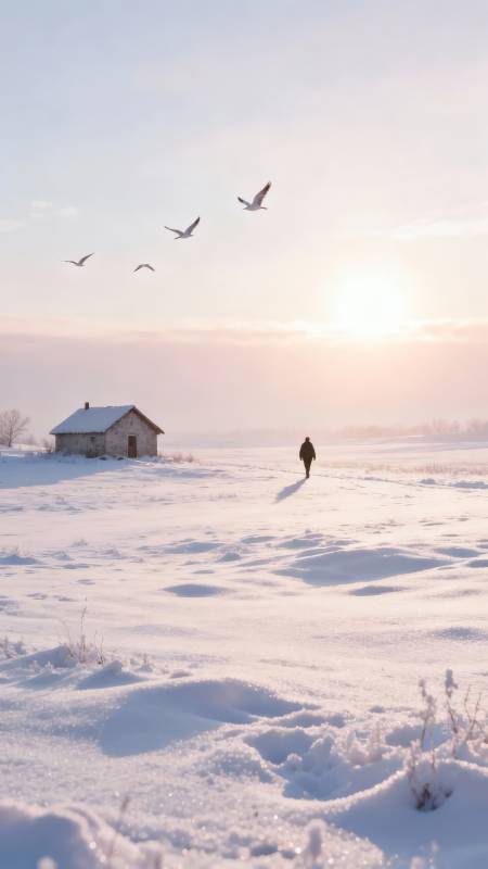 雪原孤影 飞鸟归途图片