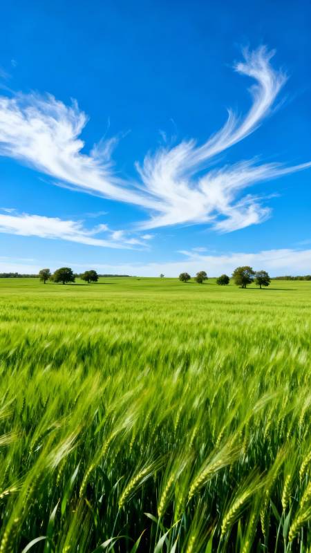 绿野蓝天 风拂麦浪图片