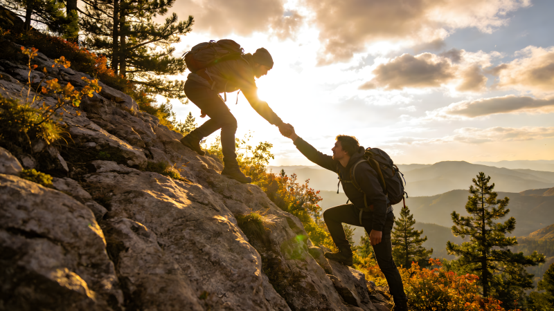 携手登顶 共赏夕阳图片