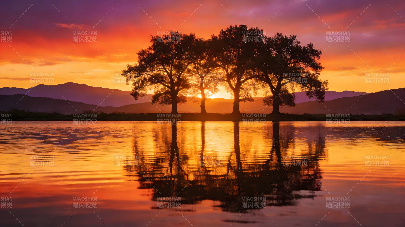 湖畔夕照树影图片