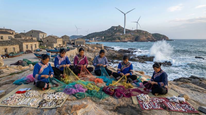 海边织女巧手编织图片