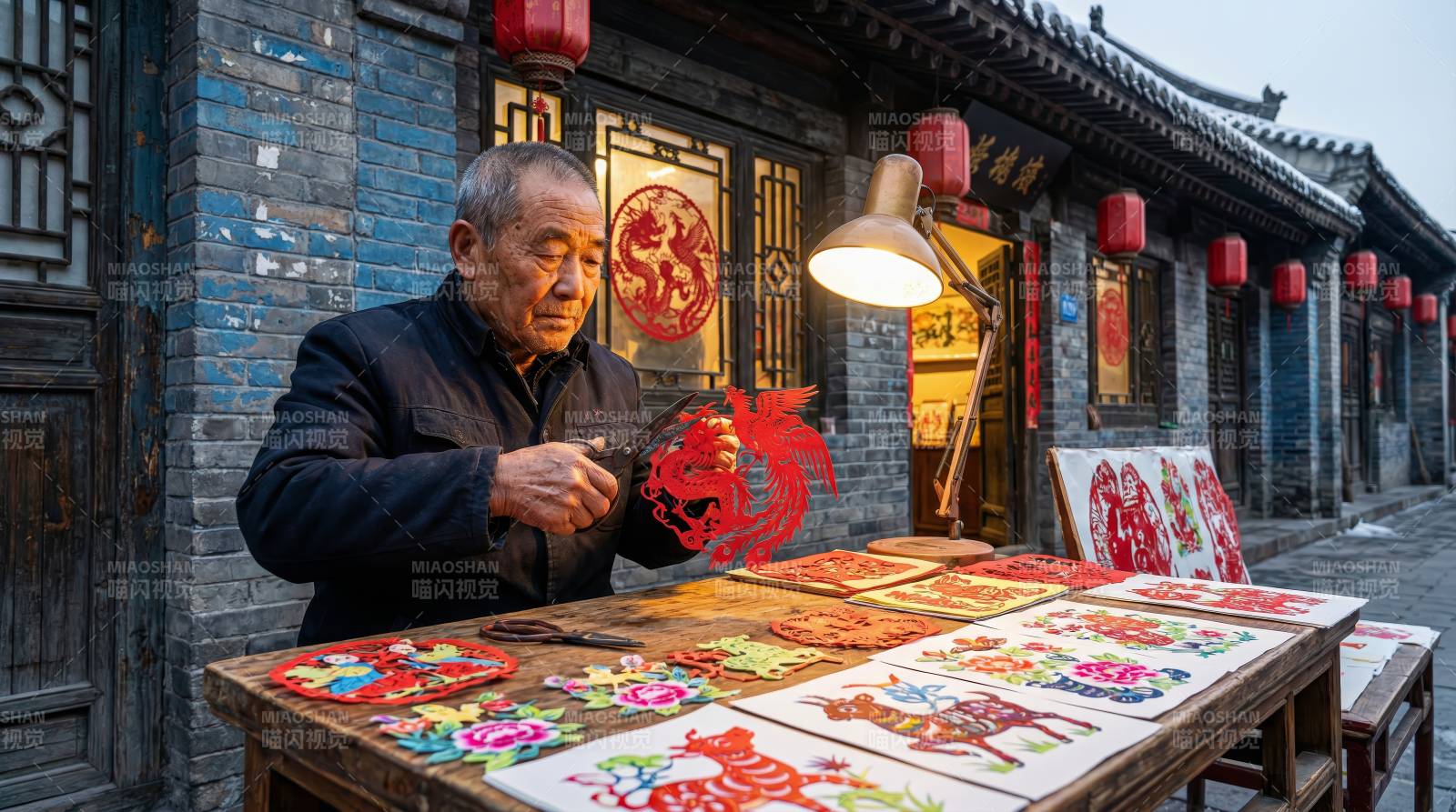 剪纸艺人街头创作图片