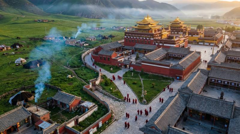 高原寺庙晨景图片