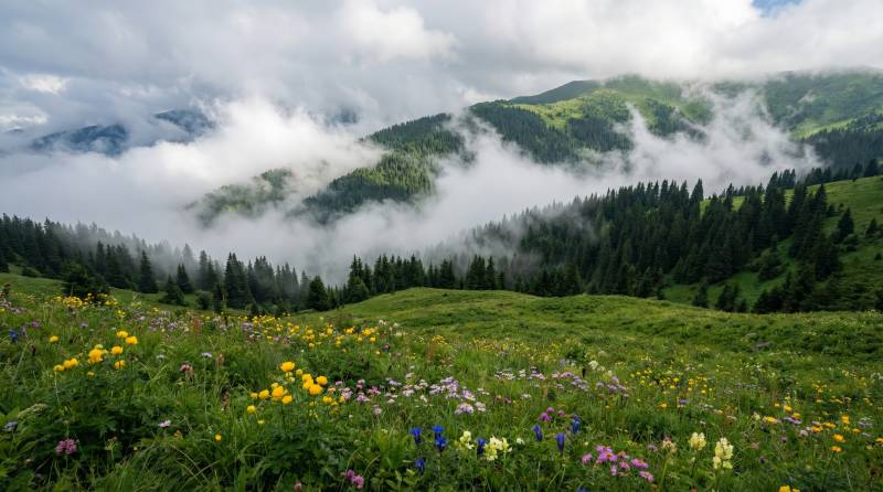 云雾缭绕山花烂漫图片