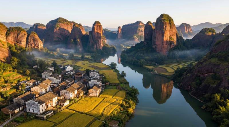 山水田园晨雾图图片