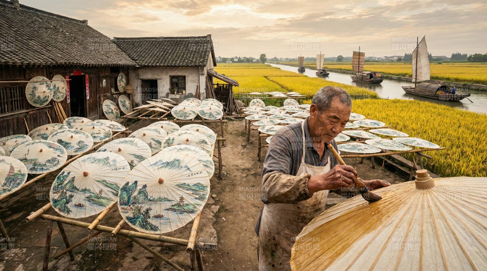 油纸伞匠人制作中图片