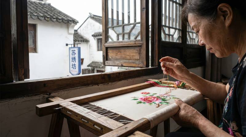 窗边刺绣老人图片