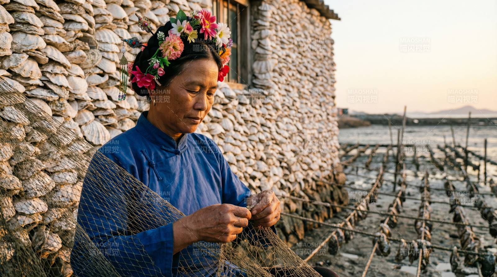 花饰女子织网图片