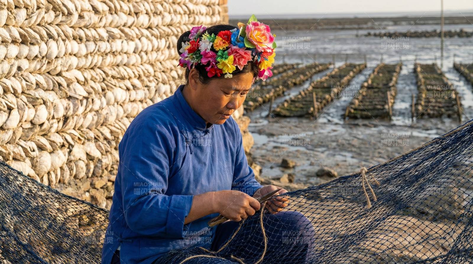 花环女子织渔网图片