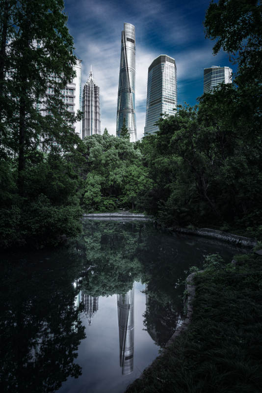 城市绿洲倒影图片