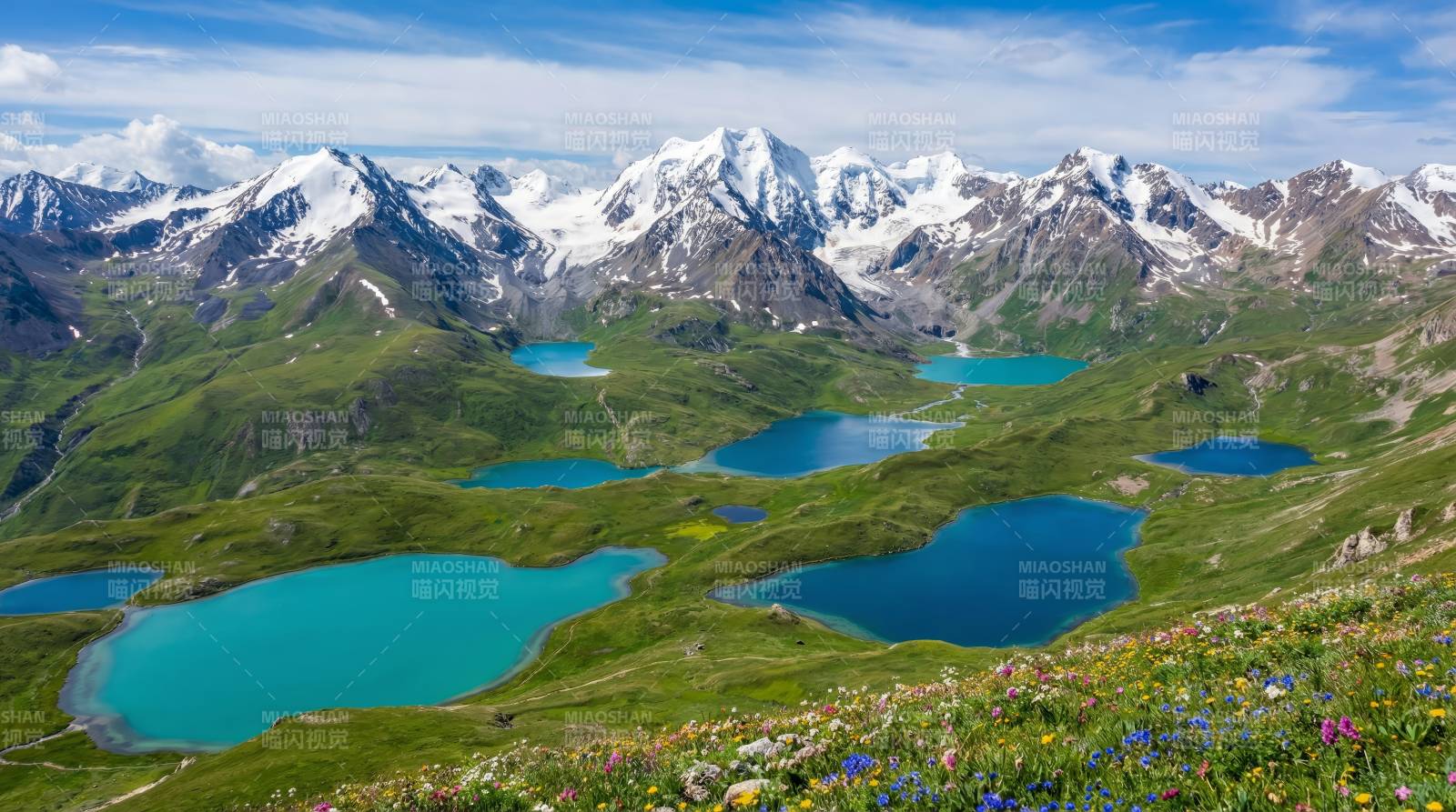 雪山碧湖春景图片
