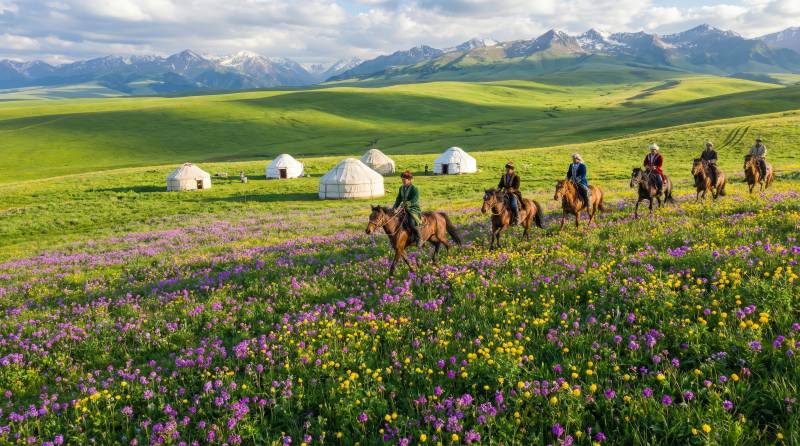 草原骑马赏花图片