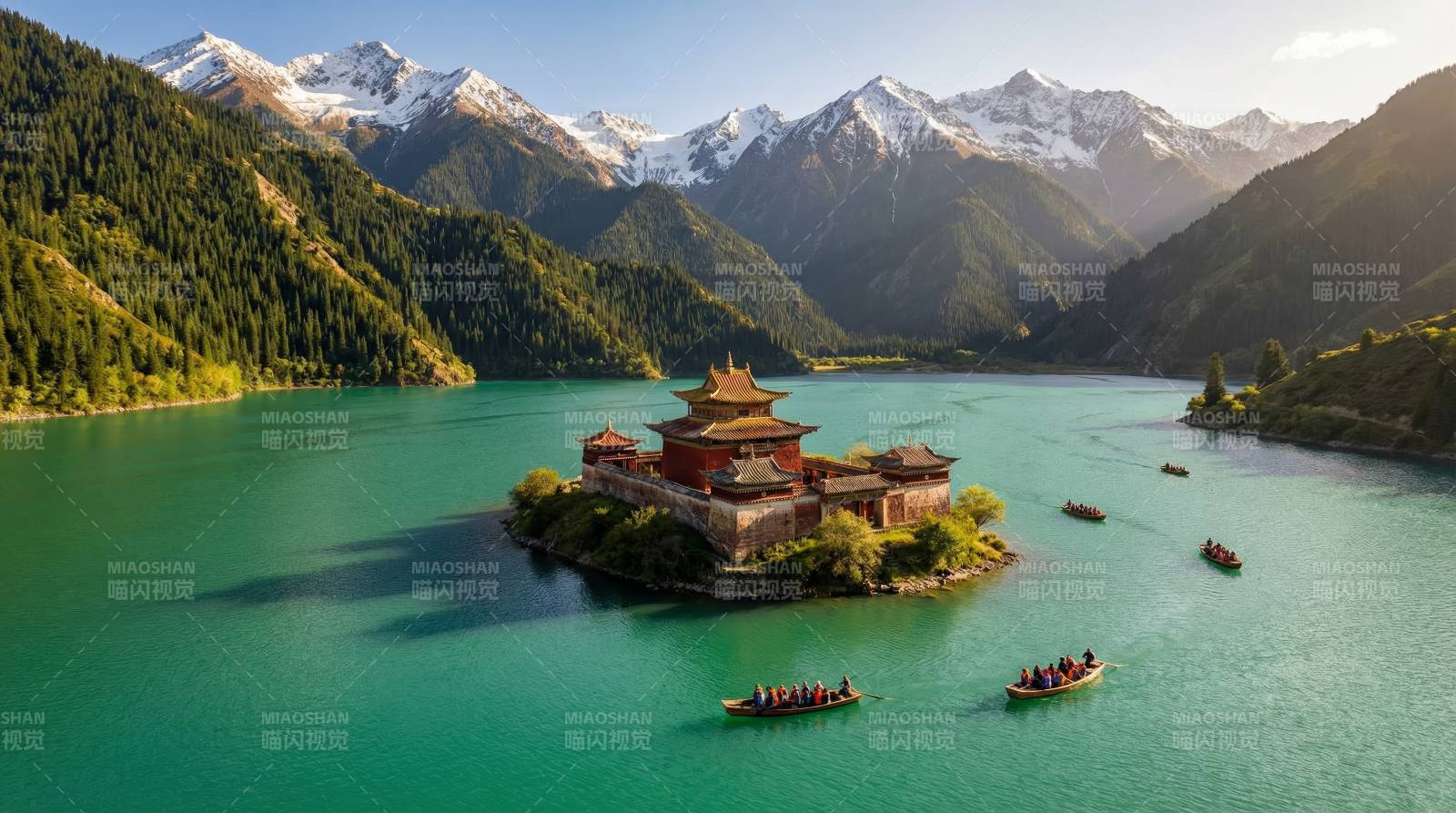 湖心古寺 雪山环绕图片