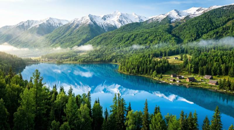 雪山湖光映翠林图片