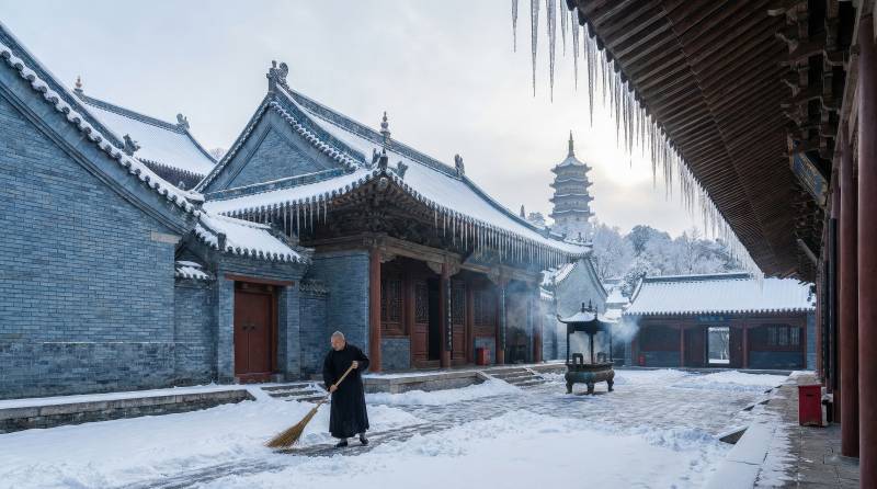 雪中扫院僧人图片