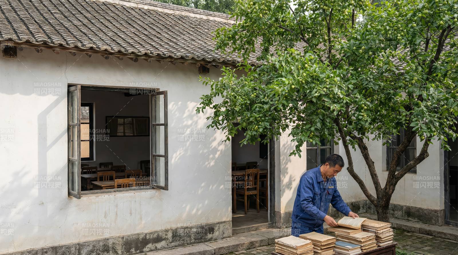 庭院读书人图片