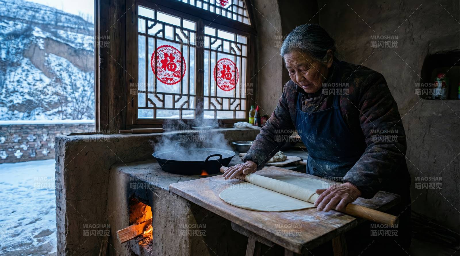 冬日厨房擀面图图片
