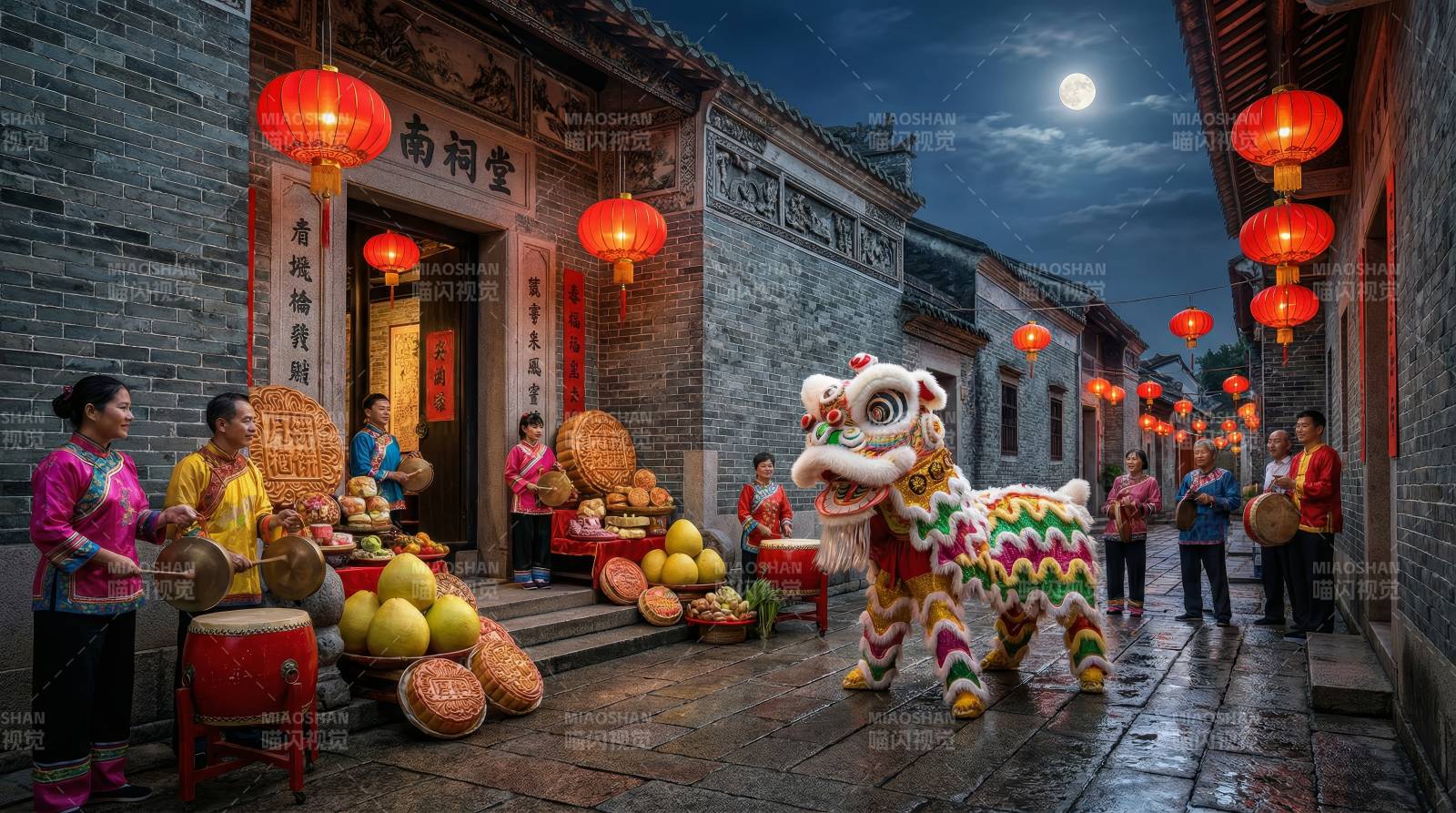 舞狮迎春夜景图片