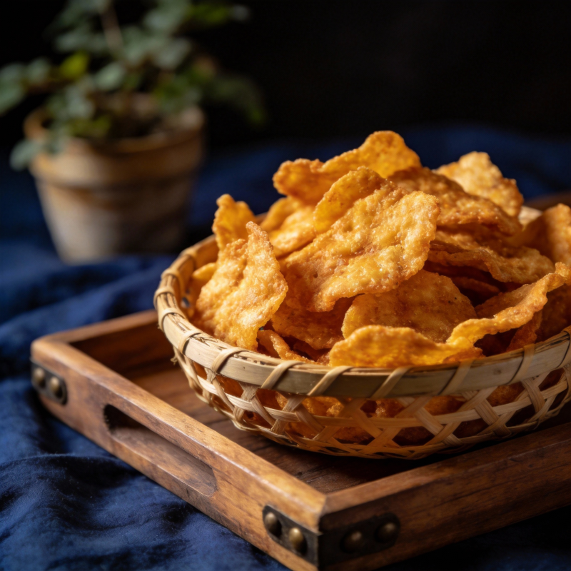 金黄薯片盛篮中图片