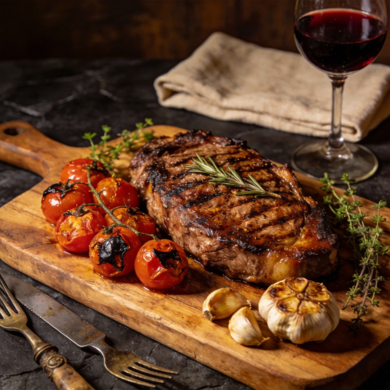 烤牛排配红酒图片