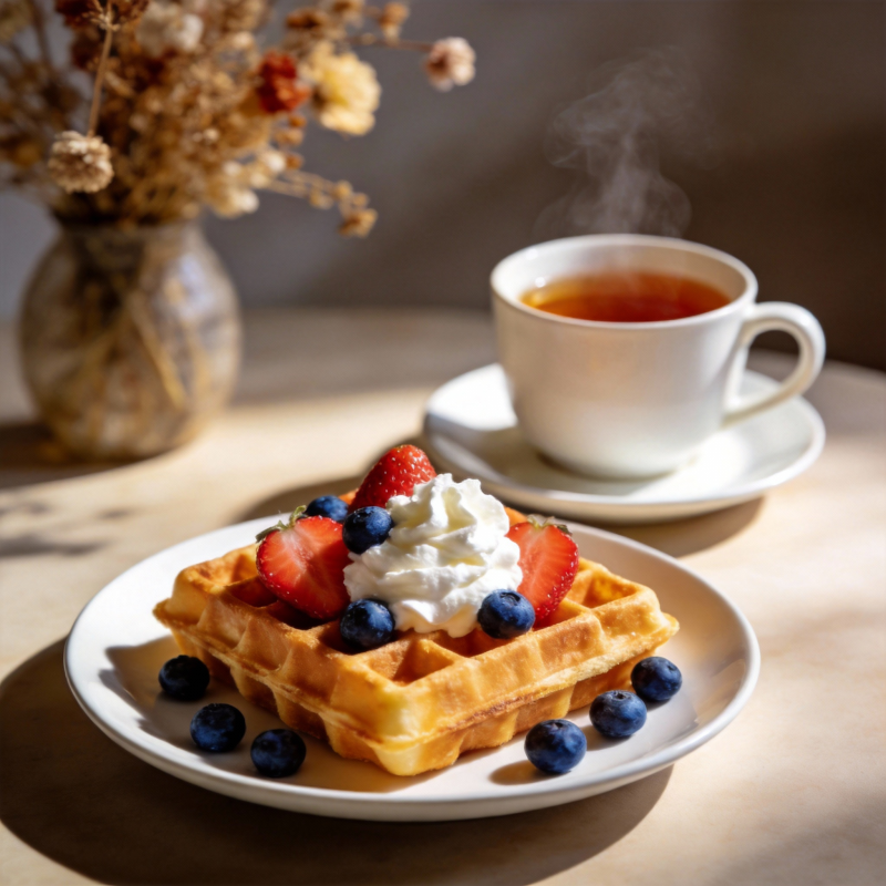 早餐 华夫饼配茶图片