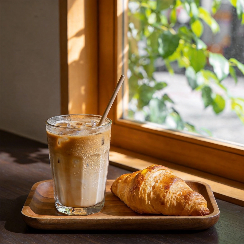 窗边咖啡与羊角面包图片