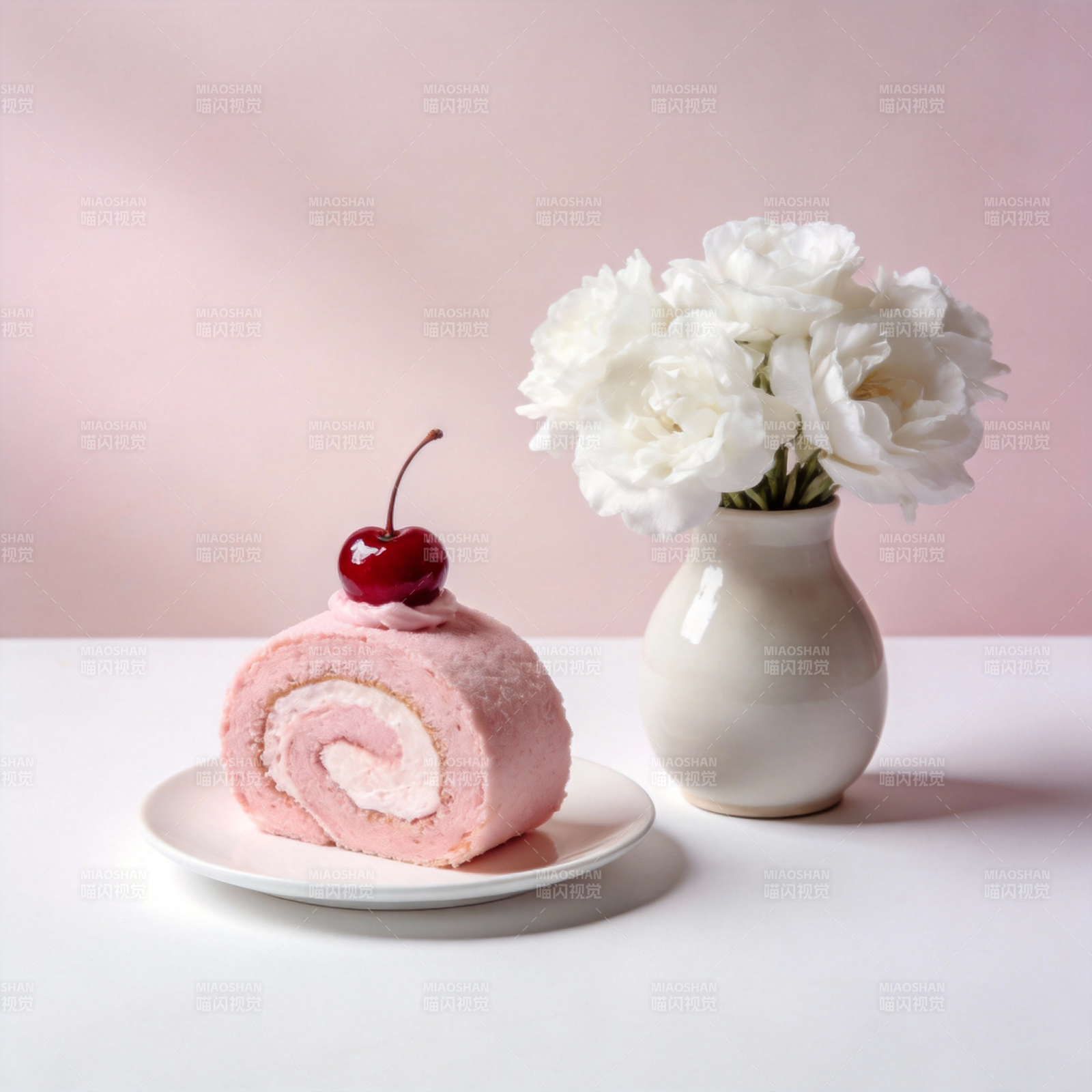 粉色蛋糕卷配白花图片
