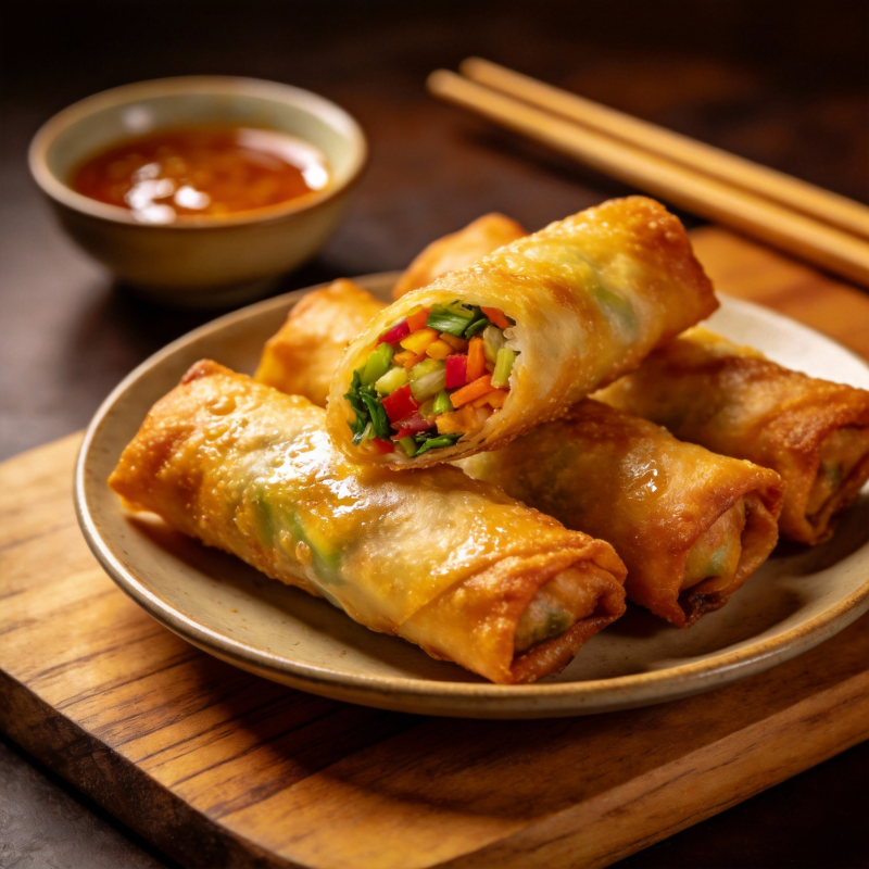 金黄春卷配酱料图片