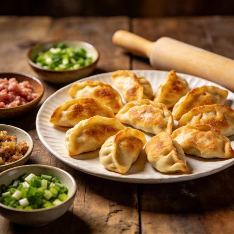 金黄煎饺配鲜蔬图片