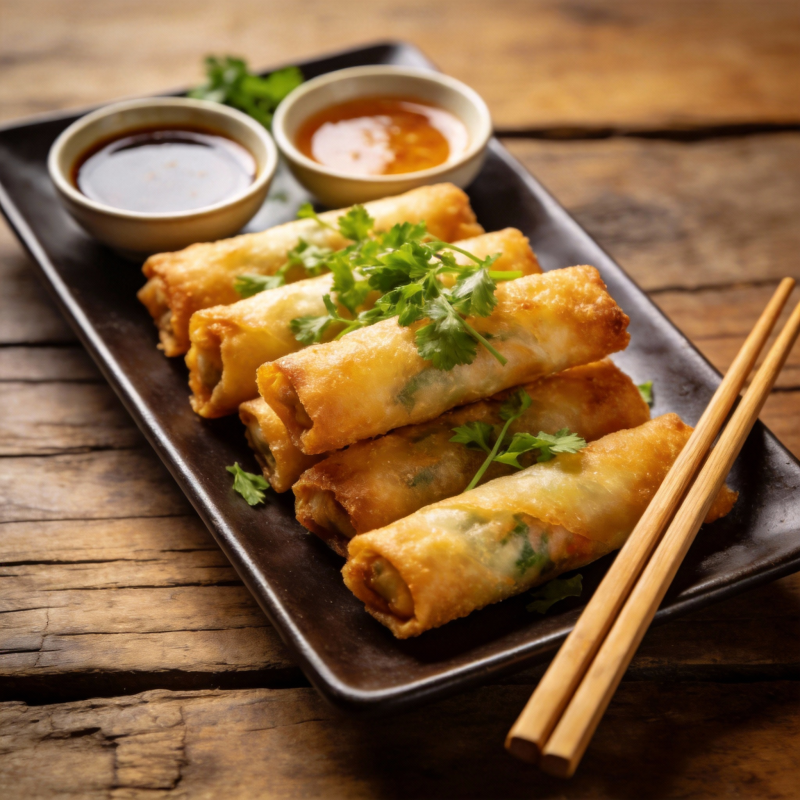 金黄春卷配酱料图片