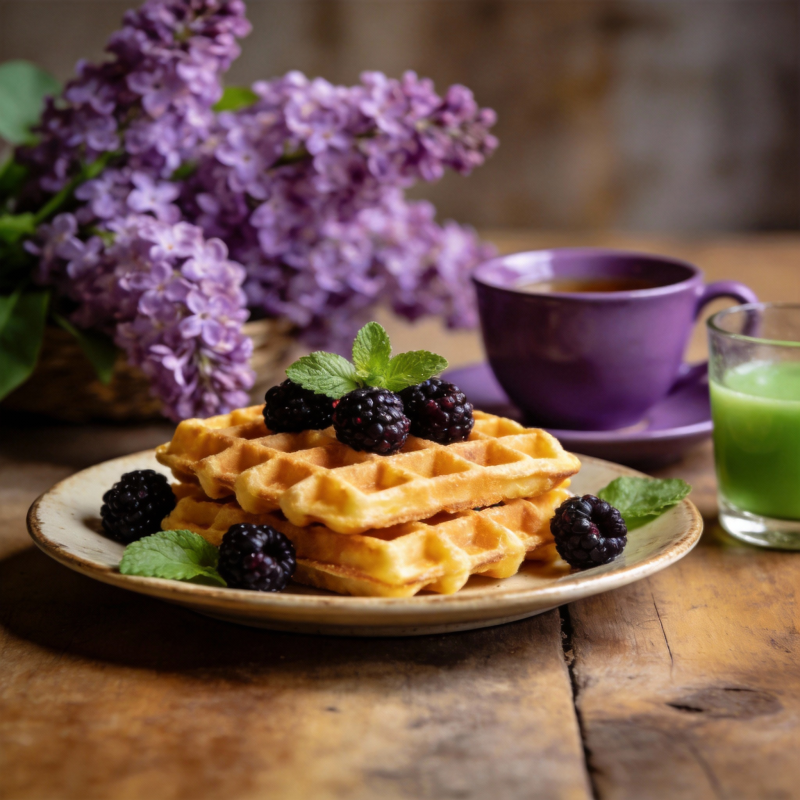 紫花旁的美味华夫饼图片
