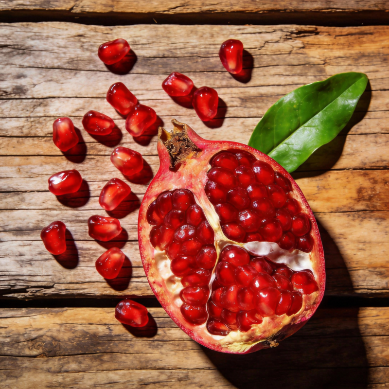 石榴籽散落木桌图片