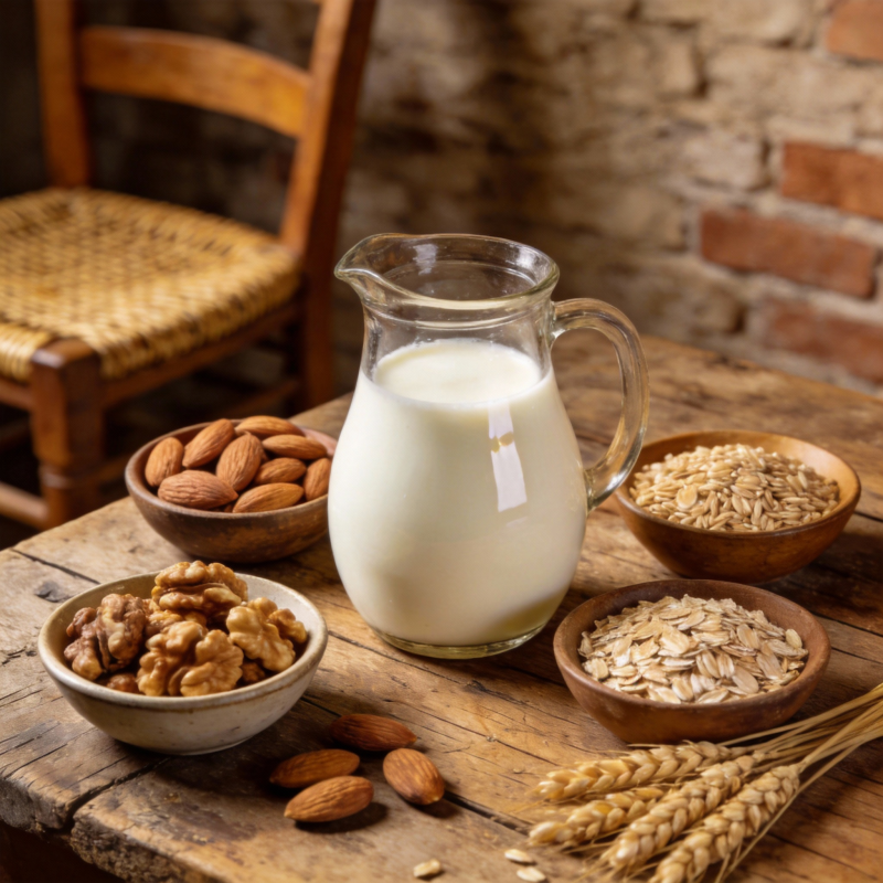 天然奶与坚果谷物图片