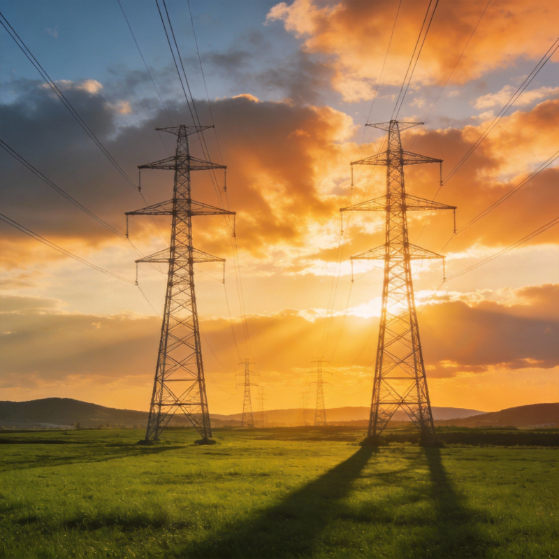 夕阳下的电力塔图片