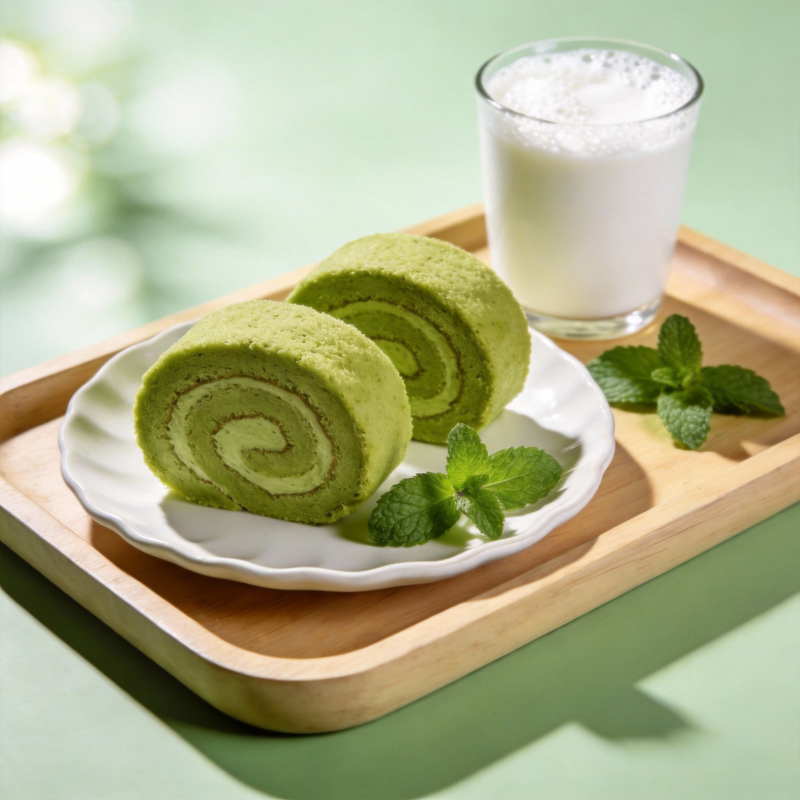 抹茶卷配牛奶图片