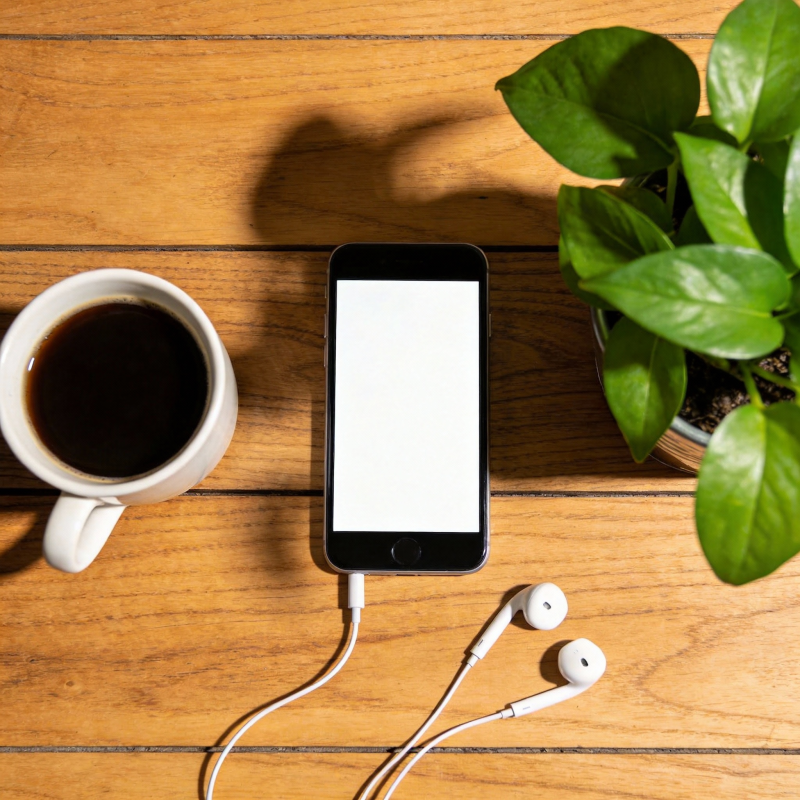 咖啡手机绿植相伴图片