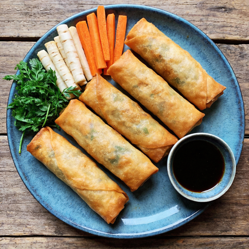 春卷配蔬菜蘸酱图片
