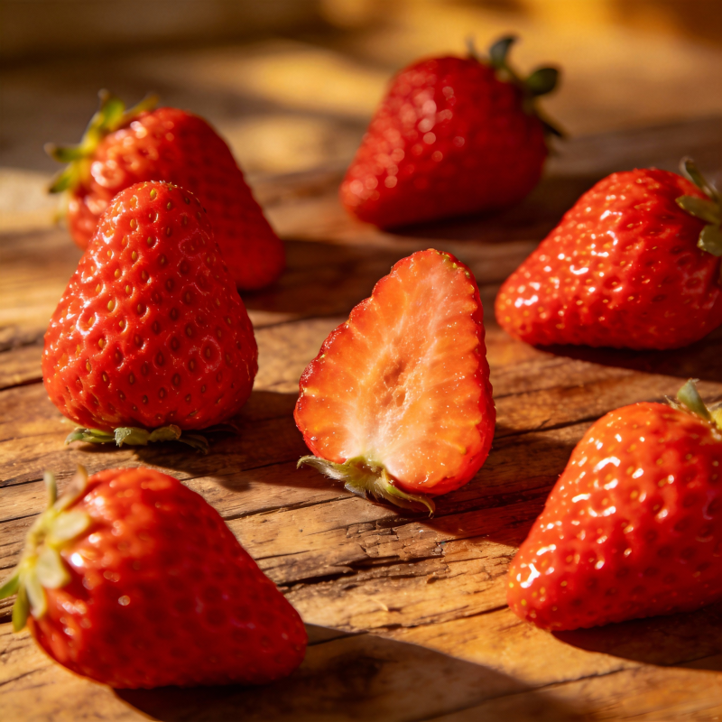 鲜红草莓木桌静置图片