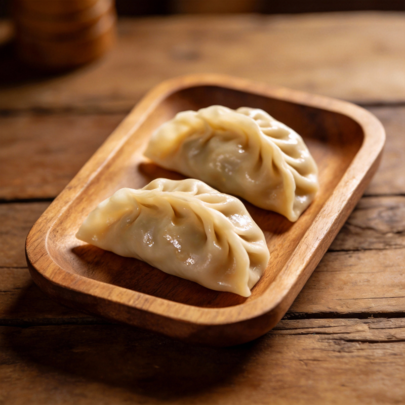 木盘上的两颗饺子图片