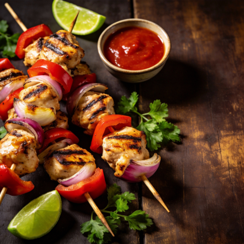 烤鸡串配酱料图片