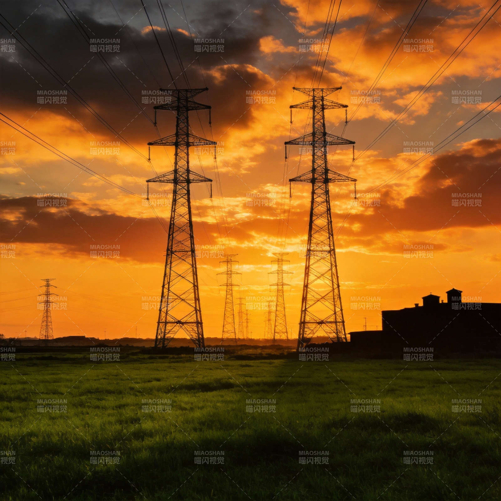 夕阳下的电塔剪影图片