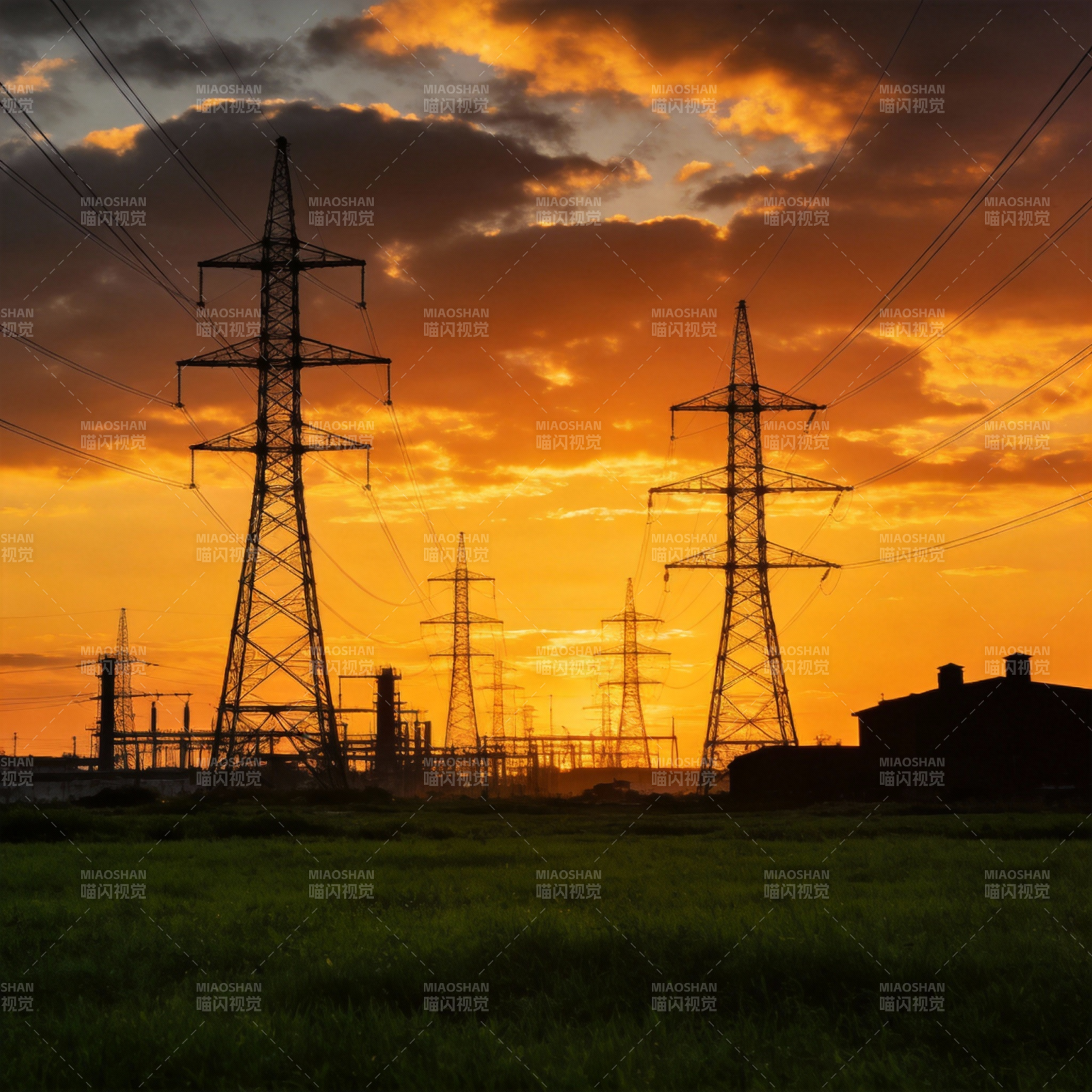夕阳下的电塔剪影图片