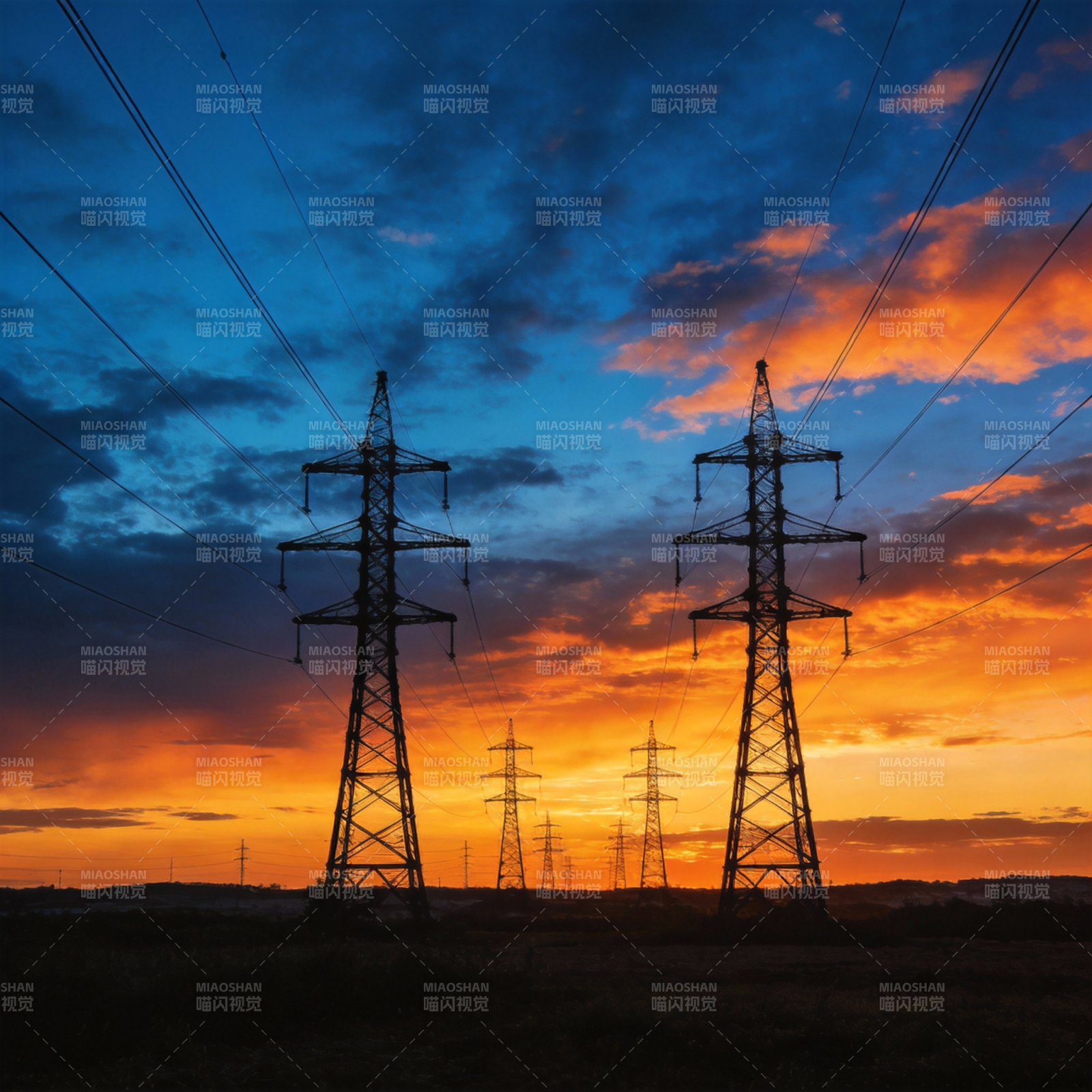 电塔剪影夕阳下图片