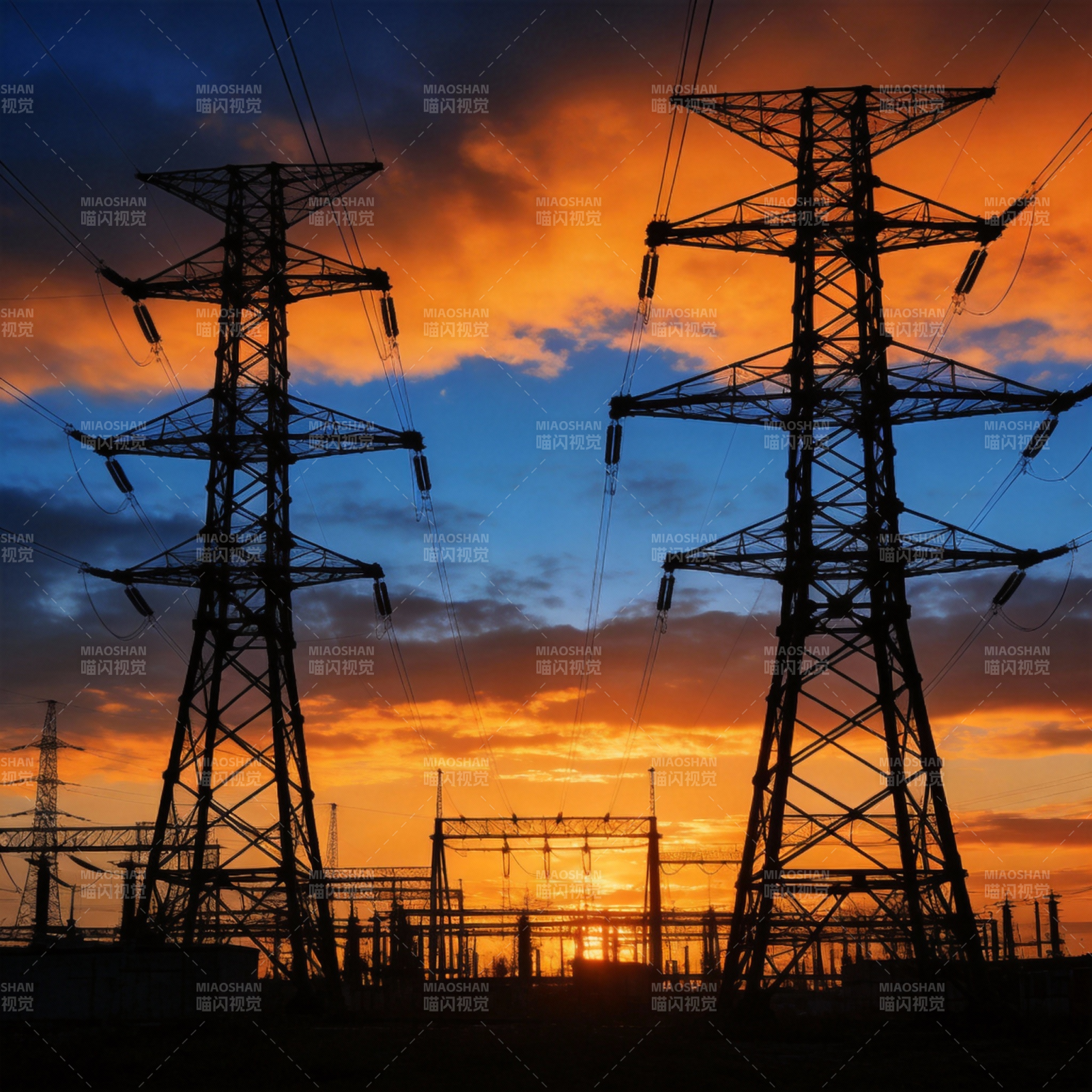 夕阳下的电网剪影图片