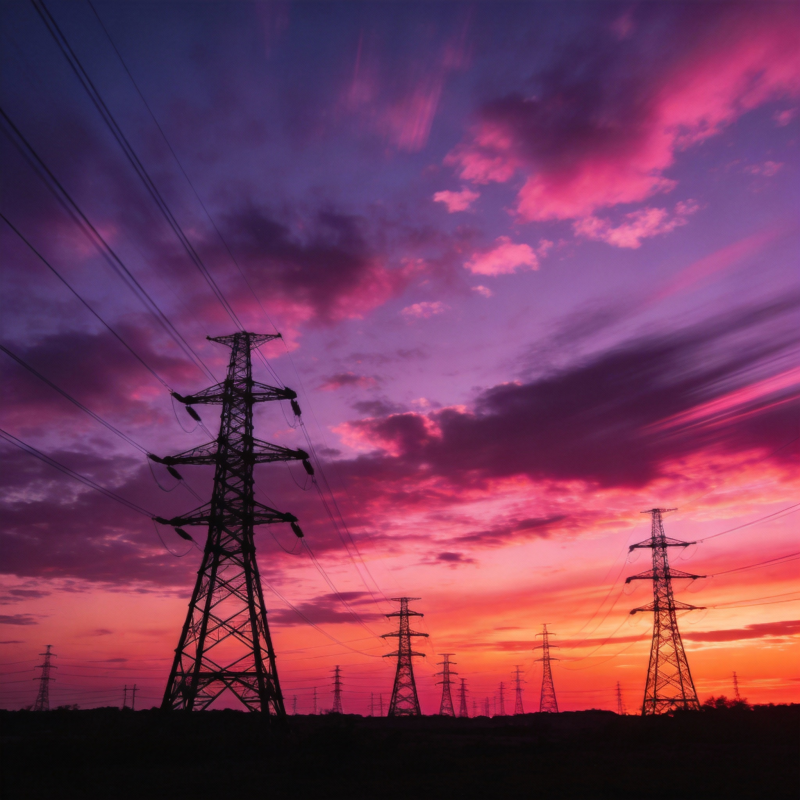 电塔剪影映晚霞图片