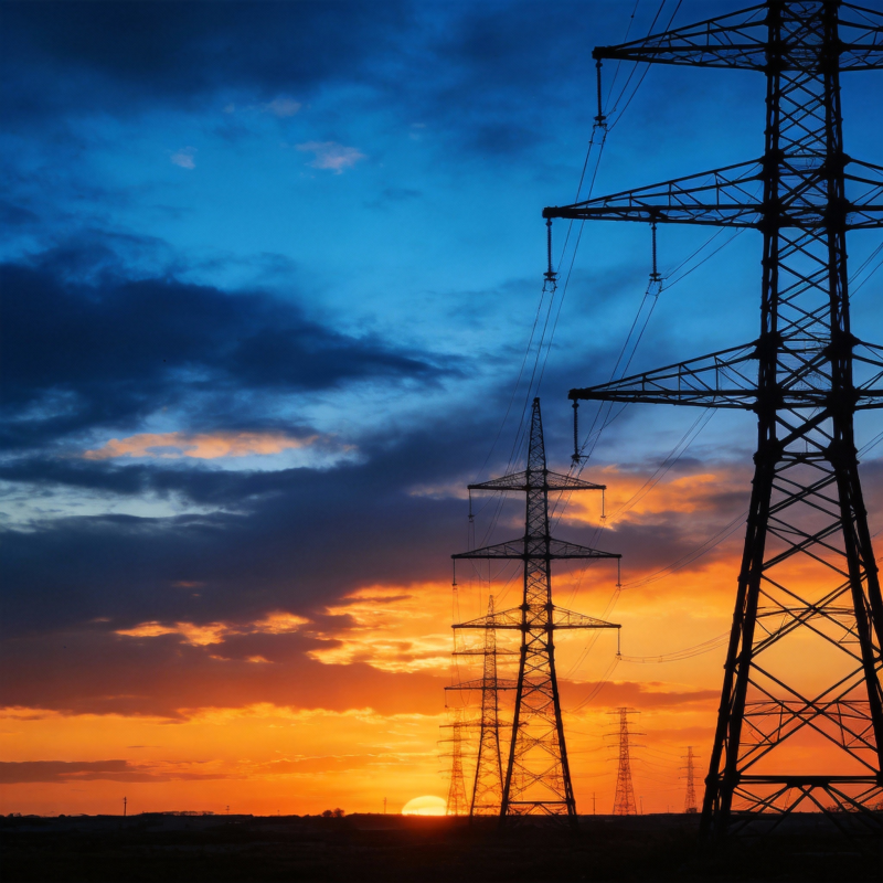 电塔剪影映晚霞图片