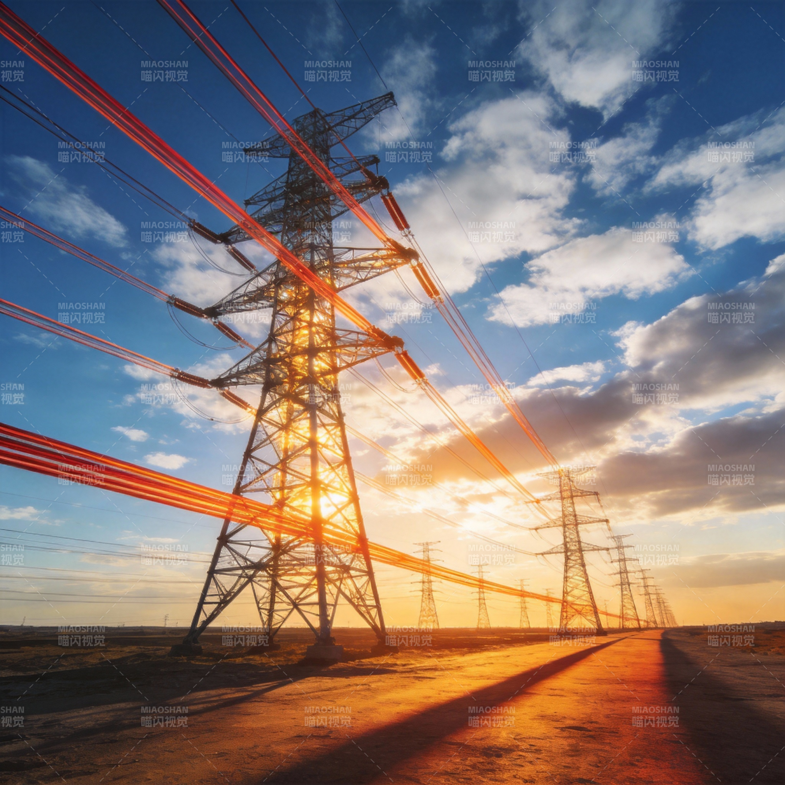夕阳下的电力长廊图片