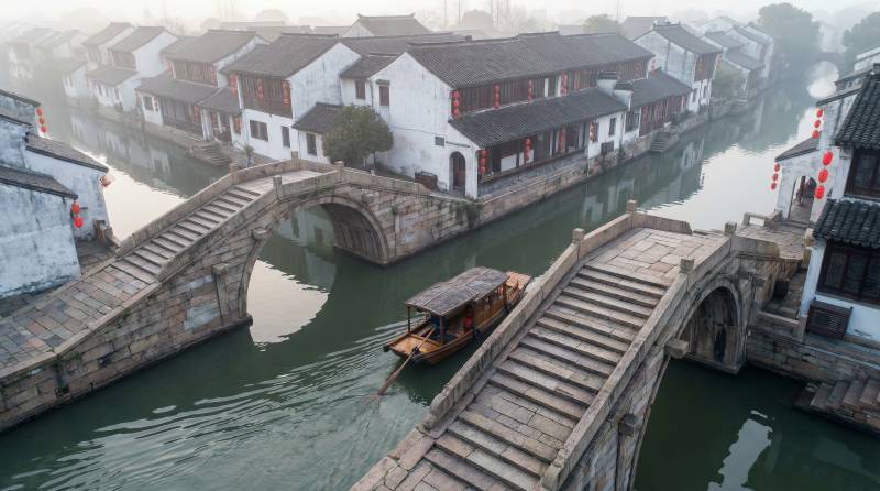 水乡古桥晨景图片