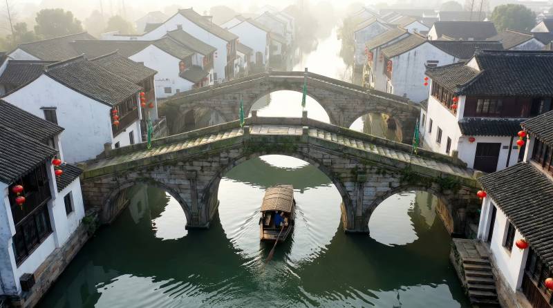 古桥水乡晨景图片