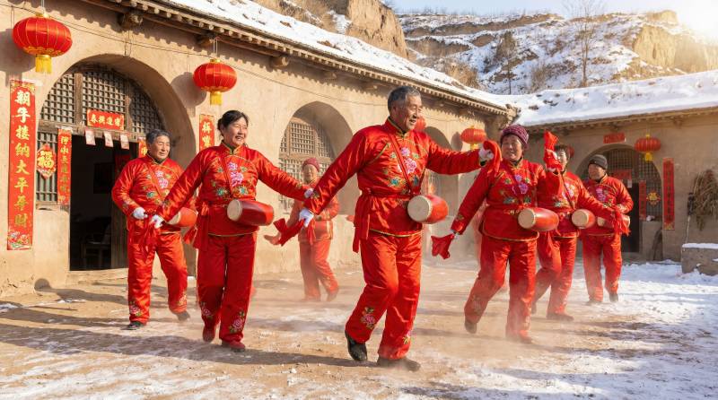 雪地红衣打鼓欢图片